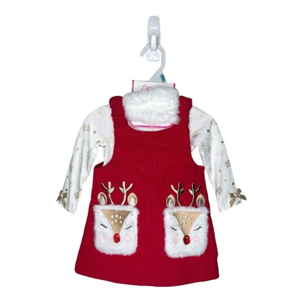 NWT Little Lass Red Corduroy Dress with Reindeer Pockets 12mos Christmas holiday